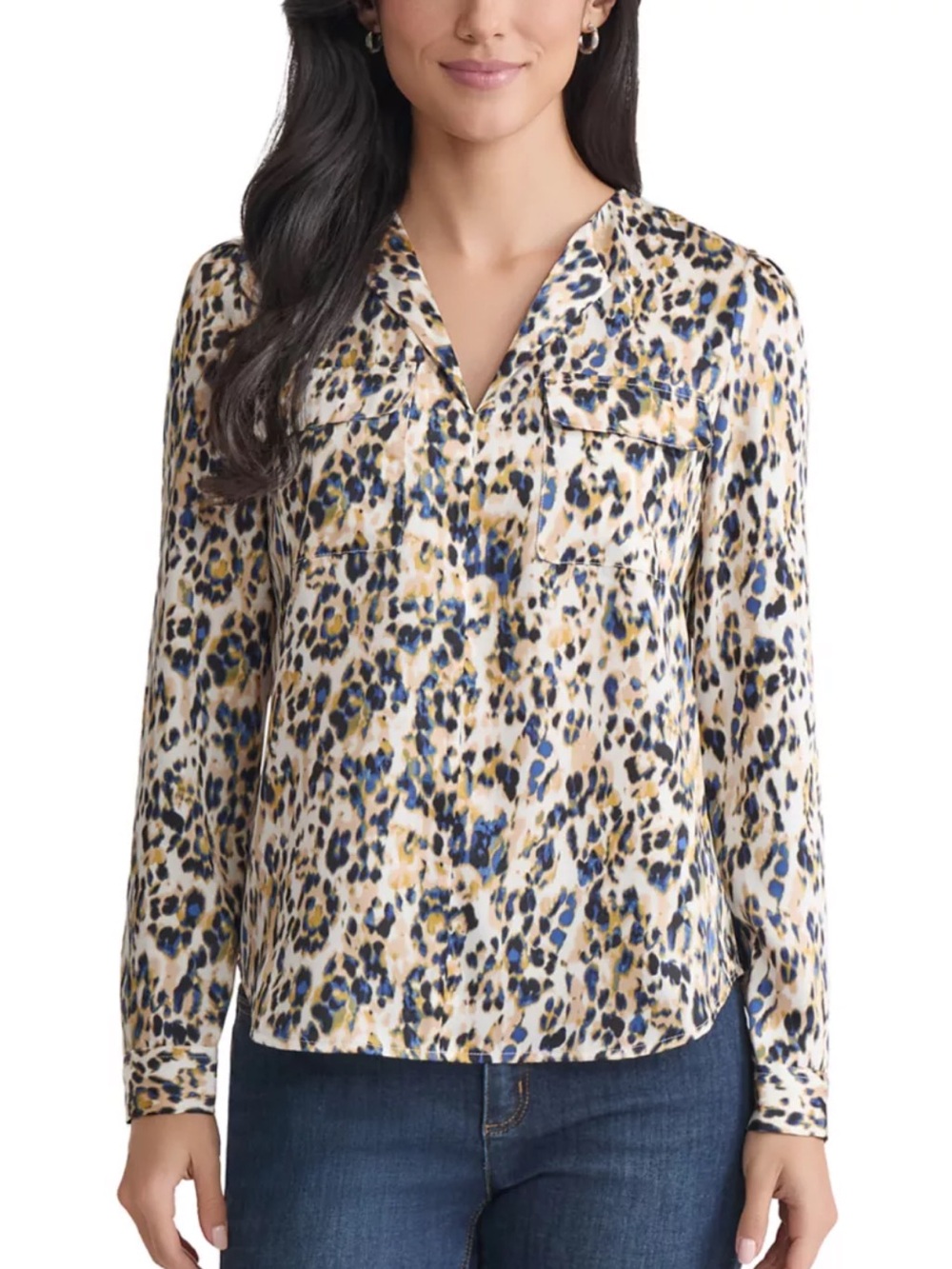 Jones of New York Womens Blue and Cream Leopard Print Button-Front Blouse Medium